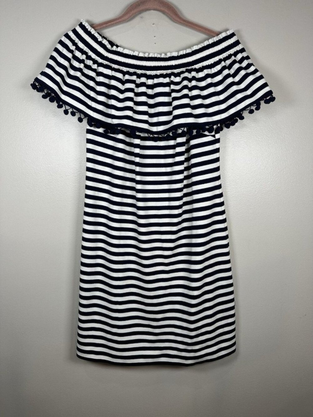 Heyton Stripped Dress Size 8 Off Shoulder Pom Pom Black White Stripe Vacation